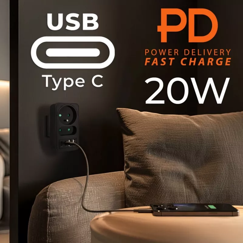 Toitejaotur MACLEAN MCE249 F/B — 2 vahelduvvoolupesa (16A + 6A) koos 2×USB-A ja 2×USB-C PD 20W, EL-pistik, must