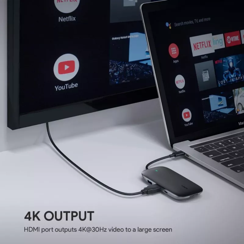 Sülearvuti dokkimisjaam AUKEY CB-C71 — 3× USB-C (USB 3.2 Gen1), HDMI, RJ‑45, MicroSD, USB PD 100W, 0,15 m kaabel, must