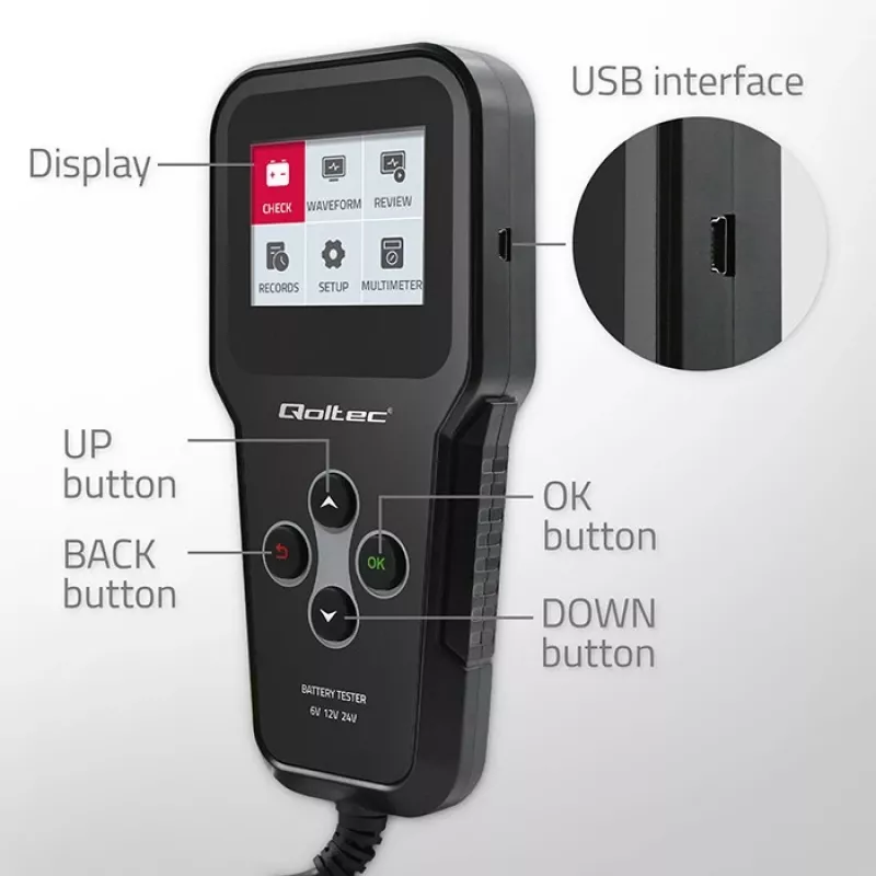 Qoltec 52489 Digitaalne aku analüsaator tester 3-in-1 LCD-ekraani ja mitmekeelse liidesega 6V | 12V | 24V | 30Ah-200Ah