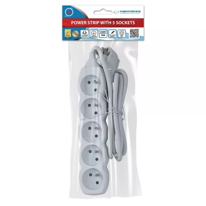 Pikendusjuhe ESPERANZA ELK207W — 1,5 m kaabel, 5 tüüp E vahelduvvoolu pistikupesa, siseruumidesse, 220–250 V
