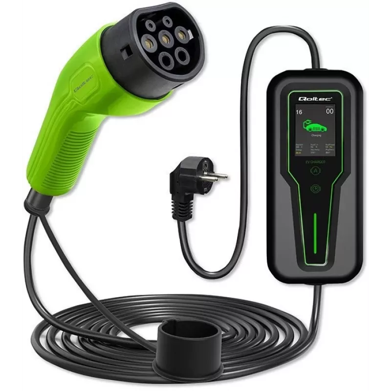 Qoltec 52465 Mobiilne laadija elektriautole 2-in-1 Type2 reguleerimisega | 3.5kW | 230V | LCD | Kaasaskantav | Seinalaadija | 5m