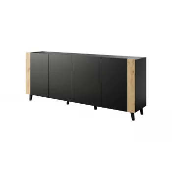 Kummut cama meble FARO KOM200 CZ — 2000×420×820 mm, matt must raam, tammepuidust esipaneelid