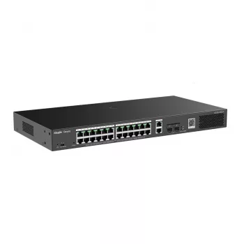 Hallatav kommutaator RUIJIE RG-ES228GS-P — 26x Gigabit RJ-45, 24x PoE porti, 370W PoE eelarve, 2x SFP, metallist riiulipaigaldus