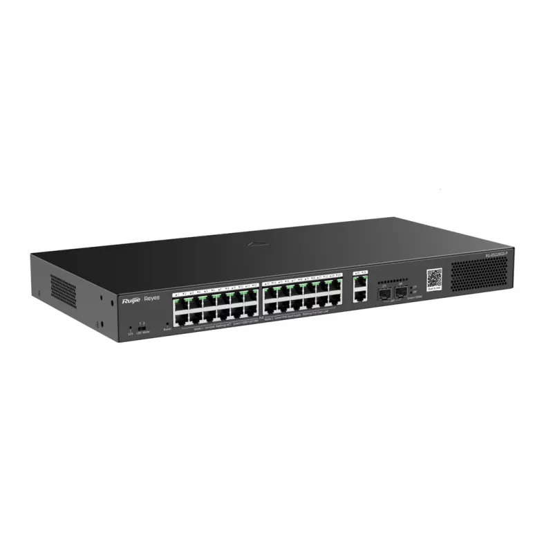 Hallatav kommutaator RUIJIE RG-ES228GS-P — 26x Gigabit RJ-45, 24x PoE porti, 370W PoE eelarve, 2x SFP, metallist riiulipaigaldus