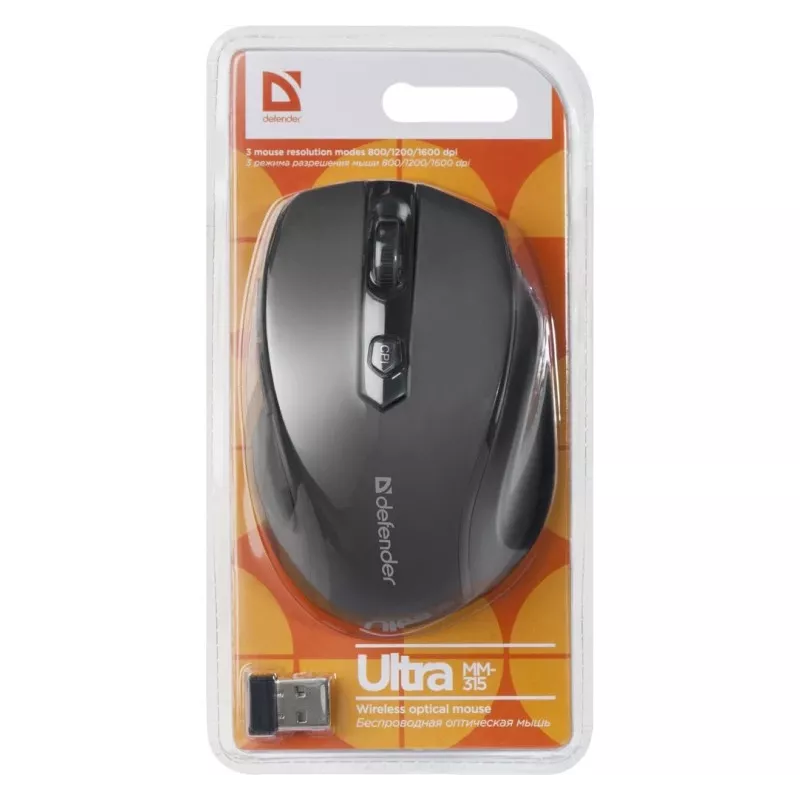Juhtmevaba RF optiline paremakäeline hiir DEFENDER ULTRA MM-315 — 1600 DPI, 6 nuppu, USB vastuvõtja, must