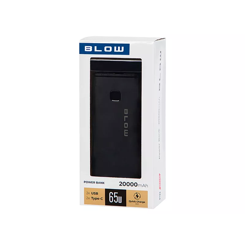 Kaasaskantav akupank BLOW PB20G 20000mAh PD 65W, USB-C sisend/väljund, 2x USB-A väljundit, must