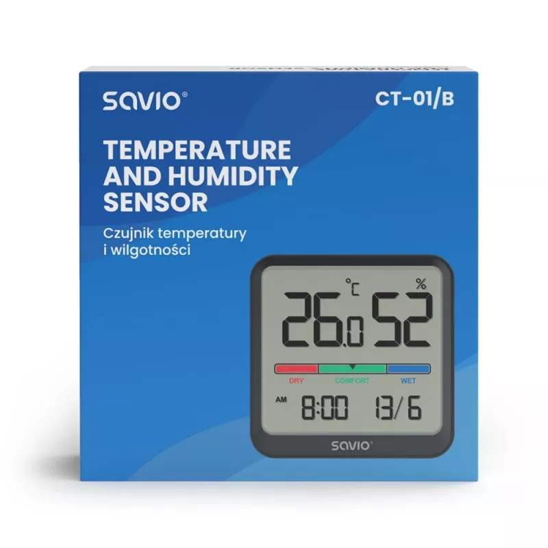 Sise temperatuuri ja niiskuse andur SAVIO CT-01/B eraldiseisev, LCD, -10–55°C, 10–99% RH, CR2032