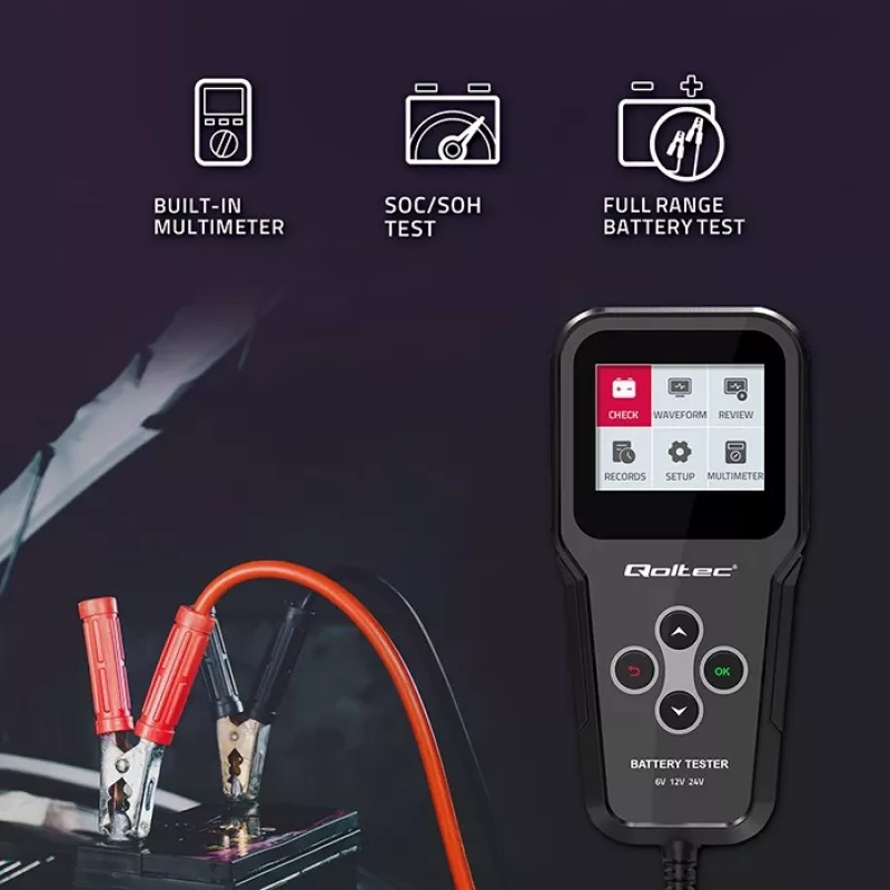 Qoltec 52489 Digitaalne aku analüsaator tester 3-in-1 LCD-ekraani ja mitmekeelse liidesega 6V | 12V | 24V | 30Ah-200Ah