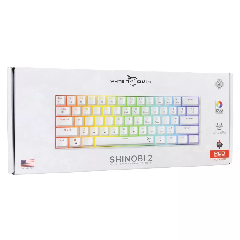 Juhtmega mehaaniline klaviatuur White Shark Shinobi-2 (GK-004211) — USA paigutus, punased lülitid, valge