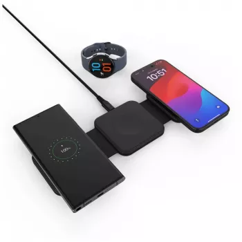 Kokkuvolditav juhtmevaba laadija FIXED FIXFLE-SA-BK 3‑ühes Samsungile — kompaktne kaasaskantav laadija telefonile, kõrvaklappidele ja kantavatele seadmetele
