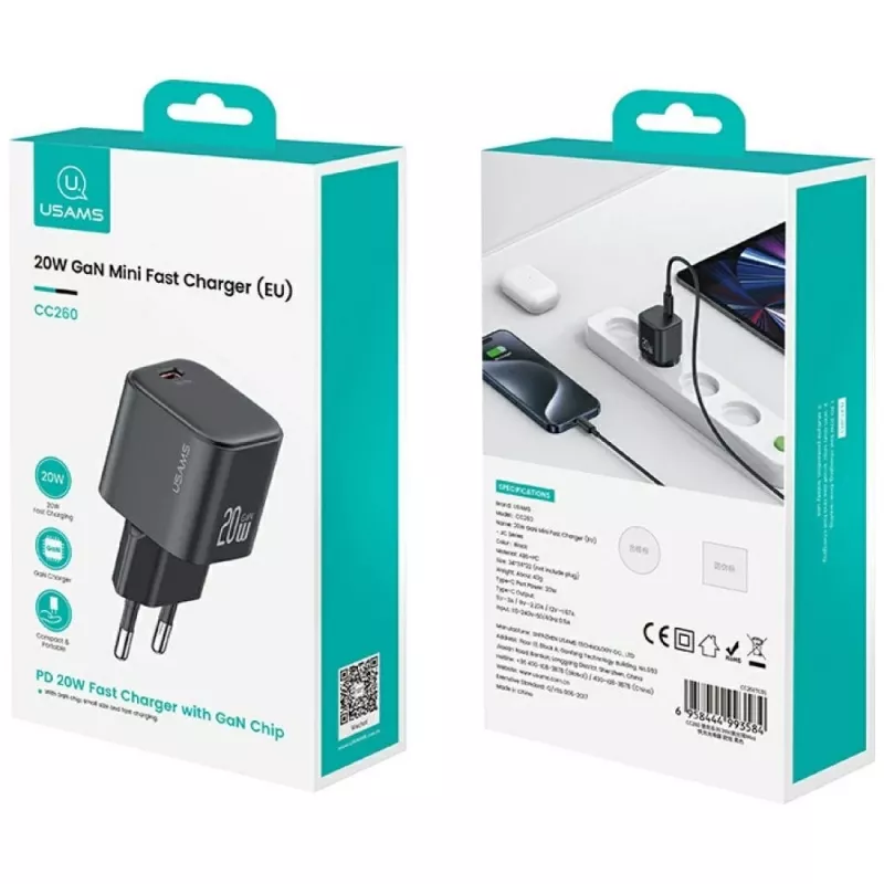Laadija usams USA001627 20W 1×USB‑C koos USB‑C kaabliga — kiirlaadimisadapter telefonidele ja tahvlitele