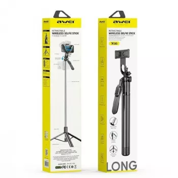 Selfie stick Awei X56 alumiiniumist must — pikendatav käeshoitav kinnitus nutitelefonidele