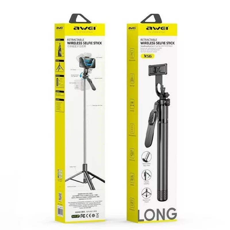 Selfie stick Awei X56 alumiiniumist must — pikendatav käeshoitav kinnitus nutitelefonidele