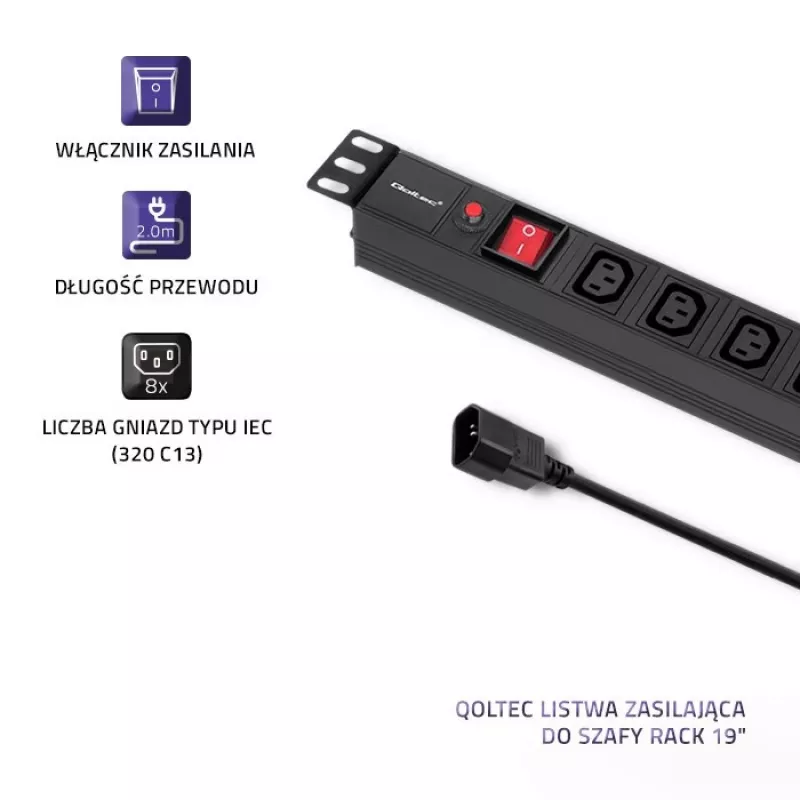 Qoltec 53998 Toitejaotur RACK 19 jaoks | 1U | 10A | PDU | 8xIEC C13 | 2m