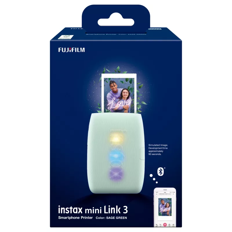 Instant printer Fujifilm Instax Mini Link3 Sage roheline — 800×600 DPI, prindib 6,2×4,6 cm, Bluetooth, 0,21 kg