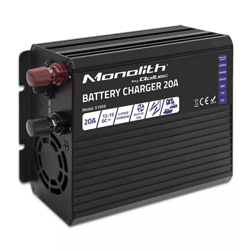 Laadija QOLTEC Monolith 20A 12V LiFePO4, AGM, GEL, SLA akudele