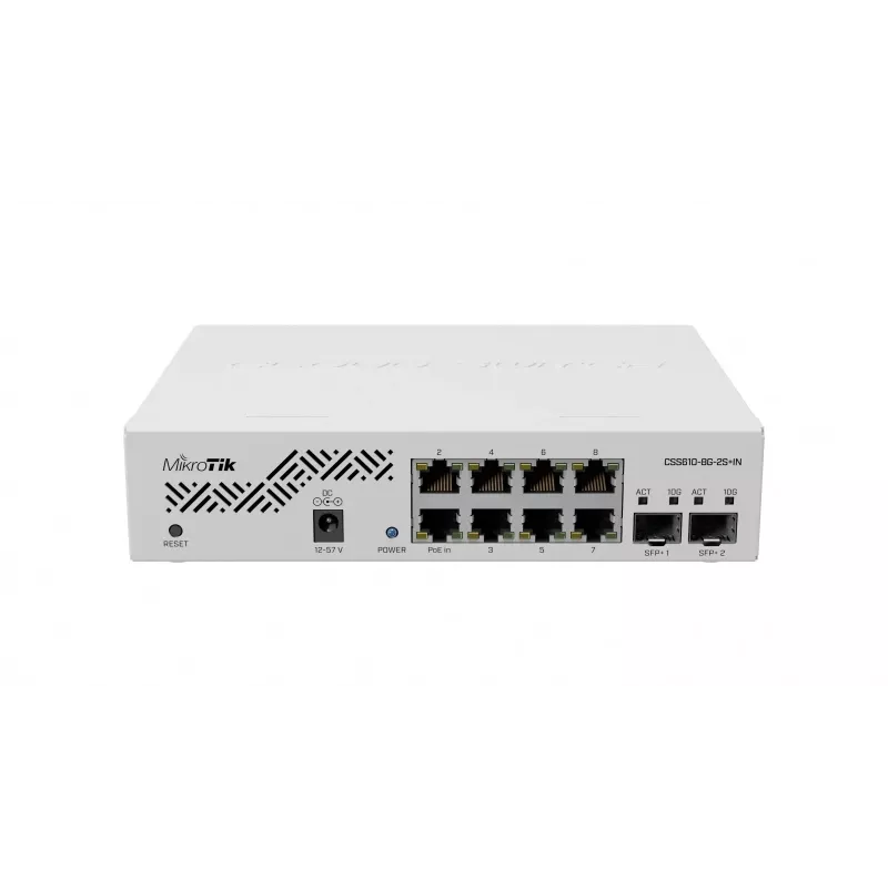 Võrgukommutaator MikroTik CSS610-8G-2S+IN — 8x Gigabit RJ-45, 2x SFP+ 10G, PoE, 12–57V sisend