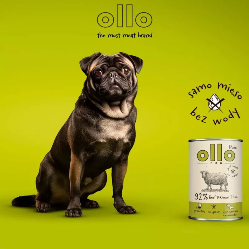 Märg koeratoit OLLO Pure Beef and roheline Tripe 400 g purk — täiskasvanud, valk 14,5%, rasv 11,9%, niiskus 69%