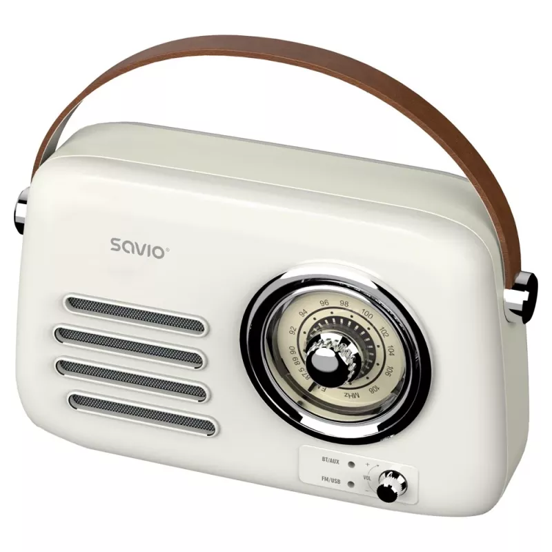 Kaasaskantav raadio SAVIO RS-02 — analoog-FM-tuuner, Bluetooth 5.3, USB-toide, 3 W, valge