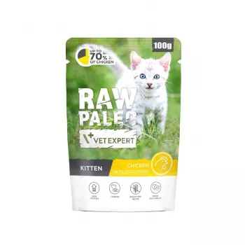Märg toorkassitoit VETEXPERT Raw Paleo Kitten Chicken 100 g — täisväärtuslik toit kassipoegadele, 80% niiskust, 10,2% valku