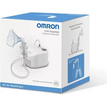 Lauapealne nebulisaator Omron C101 Essential — võrknebulisaator, 0,35 ml/min, osakese suurus 2,6 µm, AC 230V 50Hz, täiskasvanu ja lapse maskid