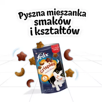 Kuiv kassimaius Felix Crispies veise ja kana 45 g — lihane krõmpsuv suupiste täiskasvanud kassidele, 31,5% valku, 15,5% rasva