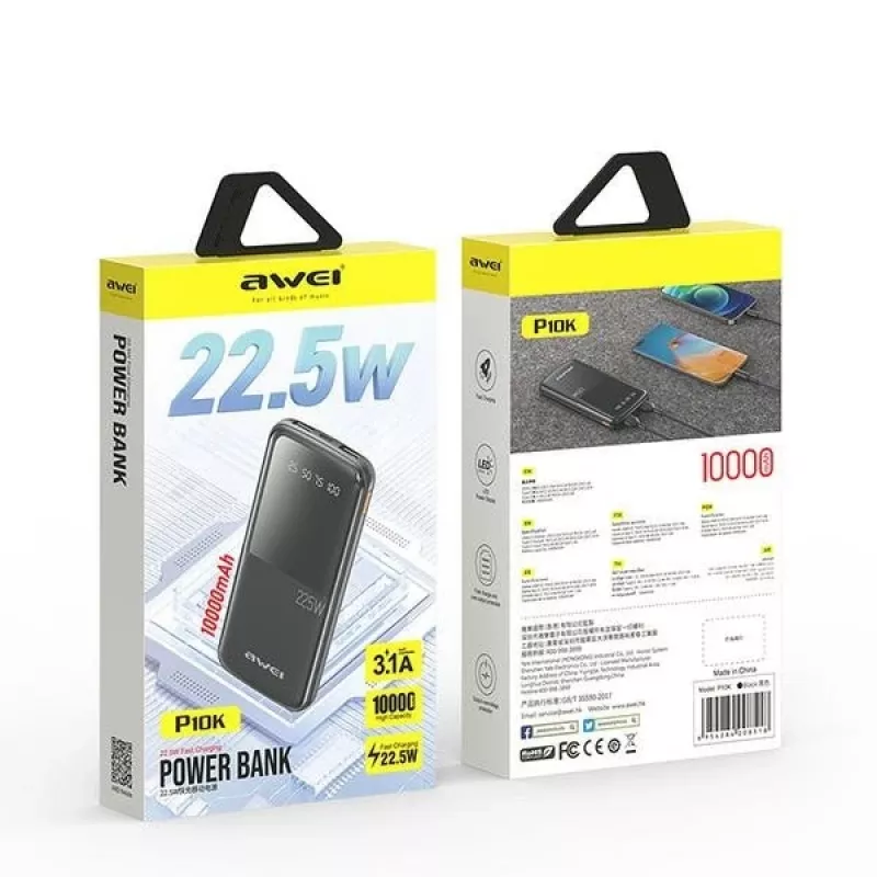 Awei PowerBank P10K 10000 MAh 22,5W Must/Must (10000mAh, 22W, 22,50Wh), Powerpank, Must