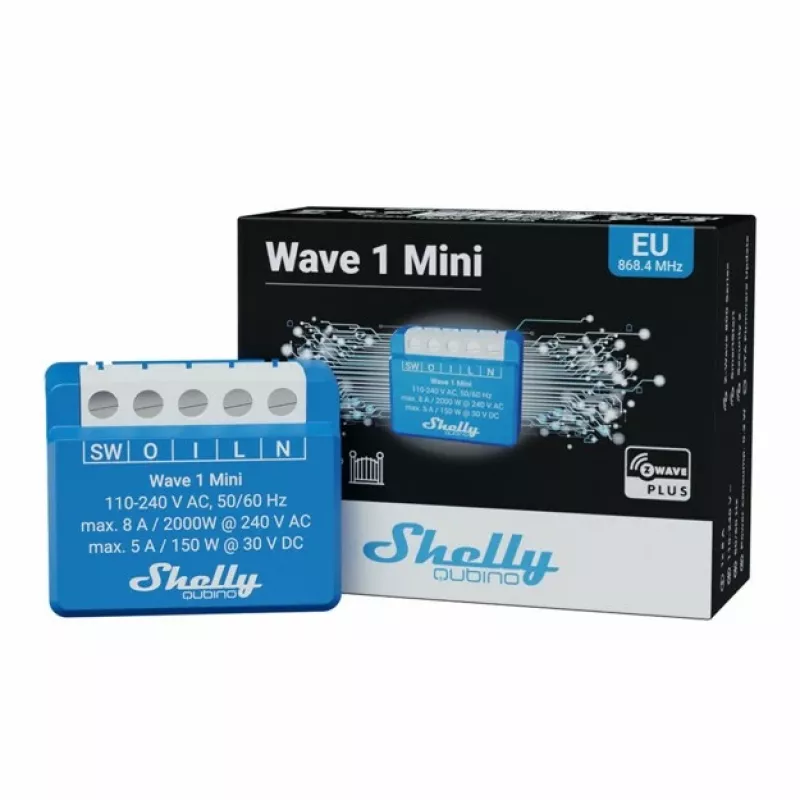Nutikas relee Shelly Qubino Wave 1 Mini juhtmevaba 110–240V, 8A AC / 5A DC, 868,4 MHz, siseruumidesse, sinine