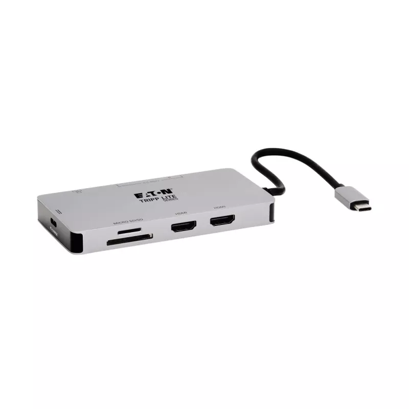 Eaton Tripp Lite USB-C dokk, kahe ekraaniga - 4K 60 Hz HDMI, USB 3.2 Gen 1, USB-A jaotur, GbE, mälukaart, 100W PD laadimine, hall - dokkimisjaam - USB-C - 2 x HDMI - 1GbE (U442-DOCK)