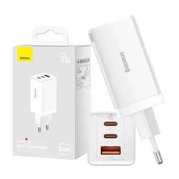 Seinakallija Baseus GaN5 Pro 65W — USB + 2×USB-C (QC3.0, PD3.0) koos 1 m USB-C kaabliga, valge