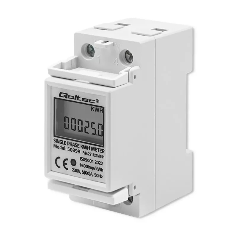 Ühefaasiline energiakulumõõtur QOLTEC 50899 230 V 50 Hz, 5(60)A, klass 1.0, LCD