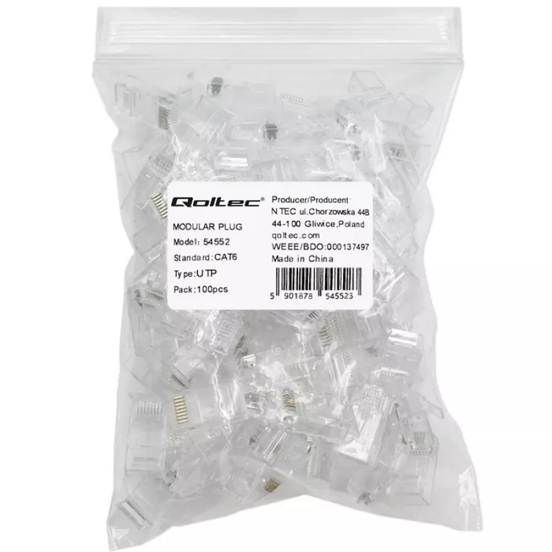 Modulaarne RJ45-pistik QOLTEC 54552 CAT6 UTP, 100 tk pakend