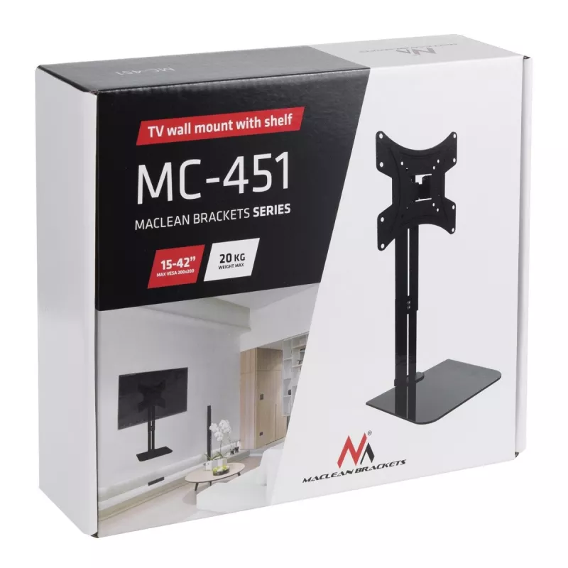 TV seinakinnitus MACLEAN MC-451 riiuli ja kaldereguleerimisega, VESA 75x75–200x200 mm, kuni 20 kg, 15–42-tollistele ekraanidele