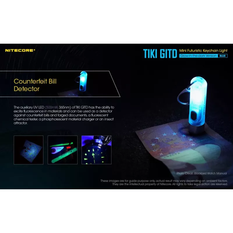 Võtmehoidjaga taskulamp Nitecore TIKI GITD BLUE — hall, USB-laetav, 1 lm, 55 mm, 12 g, IP66, löögikindel