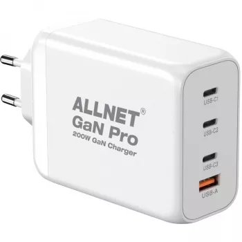 ALLNET toiteplokk PSU-GaNPD-USB-1A3C-200W — 200W GaN USB-laadija, 1× USB-A, 3× USB-C