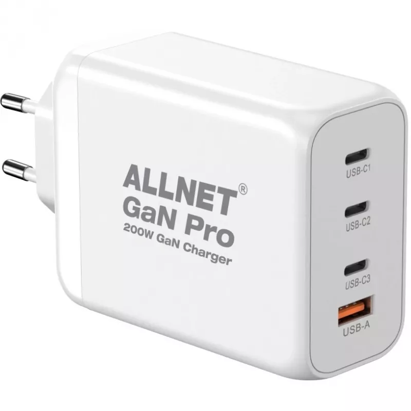 ALLNET toiteplokk PSU-GaNPD-USB-1A3C-200W — 200W GaN USB-laadija, 1× USB-A, 3× USB-C