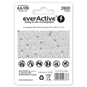 Baterii Reincarcabile R6 AA 2600mAh EverActive Professional pakendi sisu 1x blister