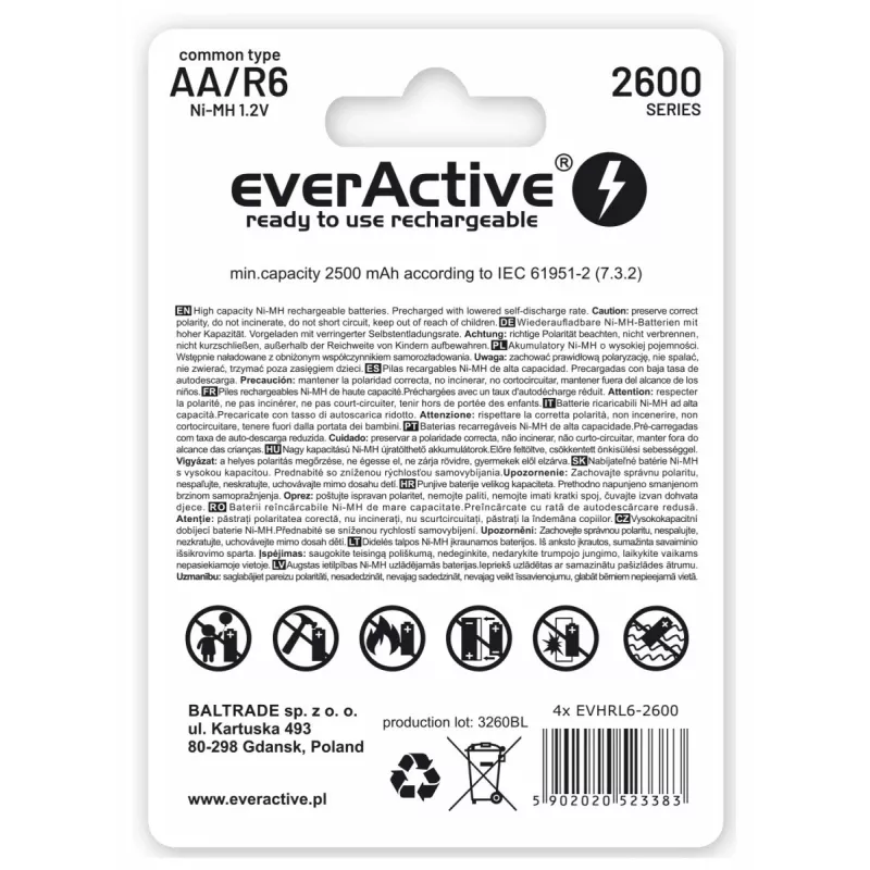 Baterii Reincarcabile R6 AA 2600mAh EverActive Professional pakendi sisu 1x blister