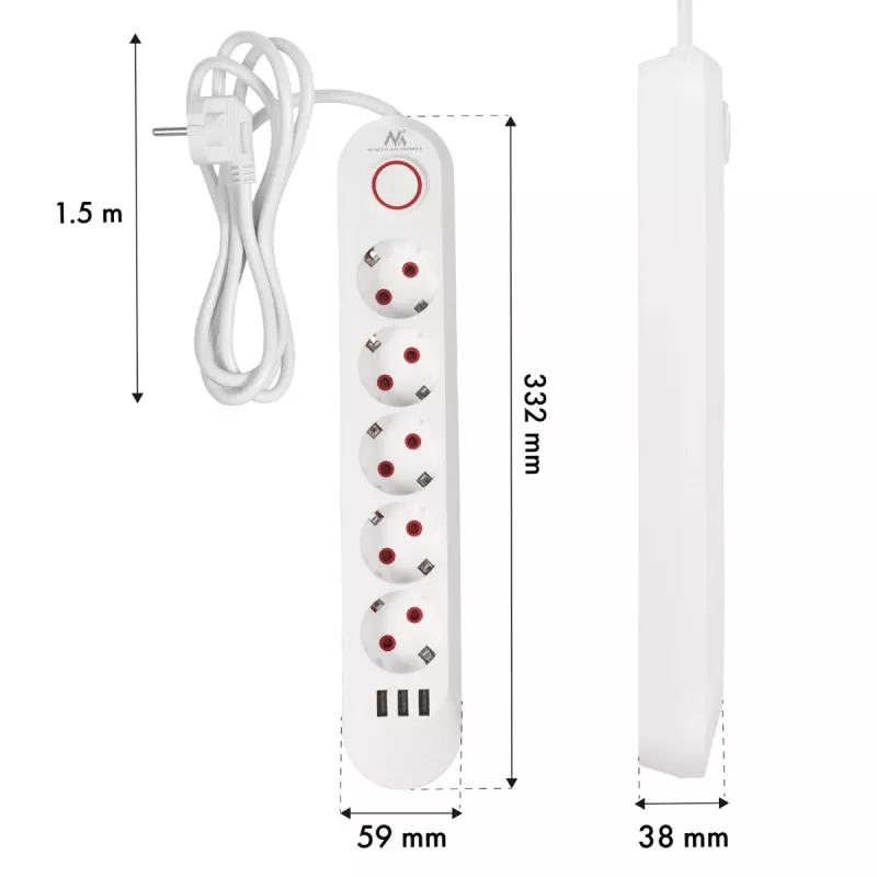 Pistikupesade jaotur MACLEAN MCE395 W — 5 pistikupesa, 3× USB A, 110–240 V AC, 2,1 A USB, max 2500 W, valge, 1,5 m kaabel