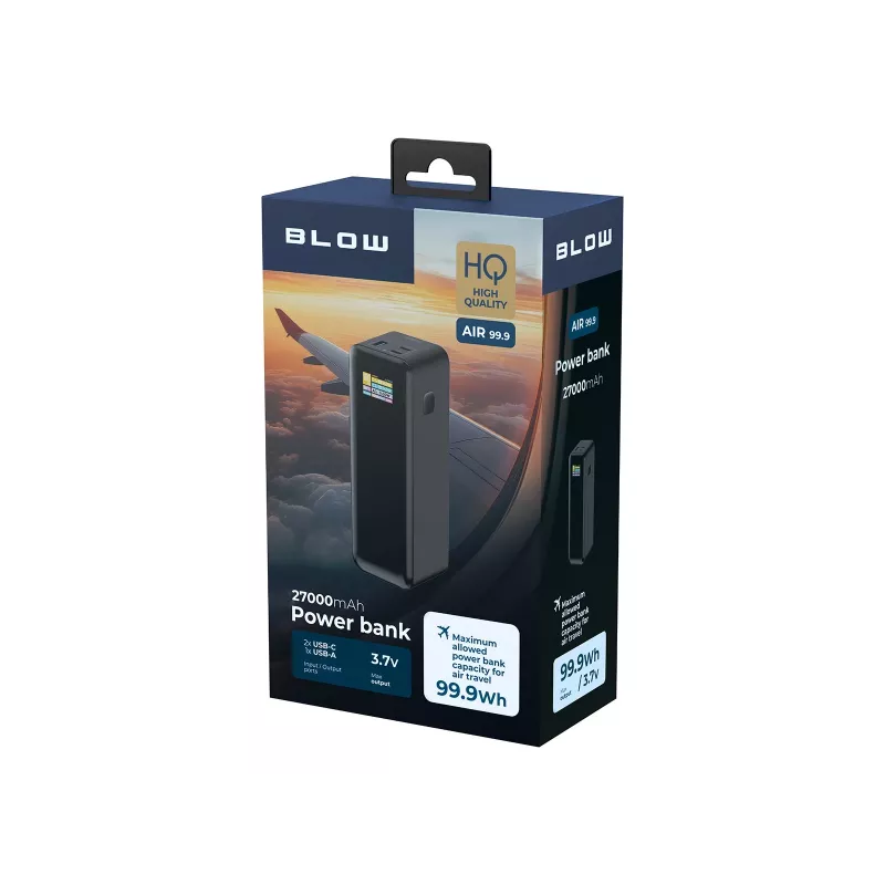Power bank BLOW AIR99.9 27000mAh PD 140W LCD — 2× USB‑C, 1× USB‑A, 27000 mAh, 140 W kokku