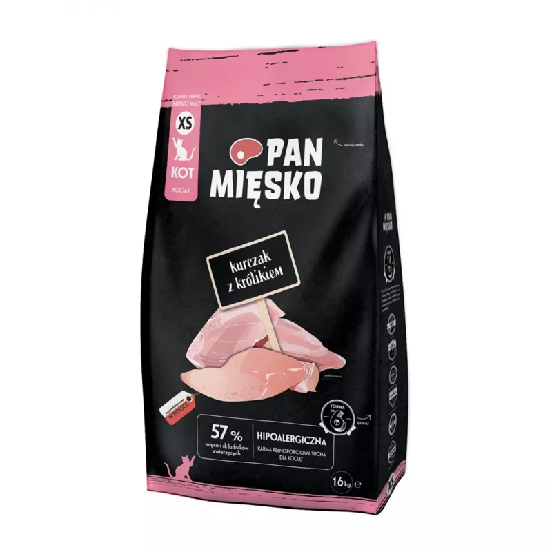 Kuiv kassitoit Pan Miesko Chicken with Rabbit XS 1.6 kg — väikesed ampsud, noorkassidele, 39% valku