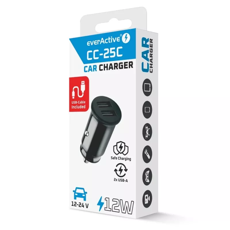 Autolaadija everActive CC-25C 2x USB-A + USB-C, 12 W, auto USB-toiteadapter