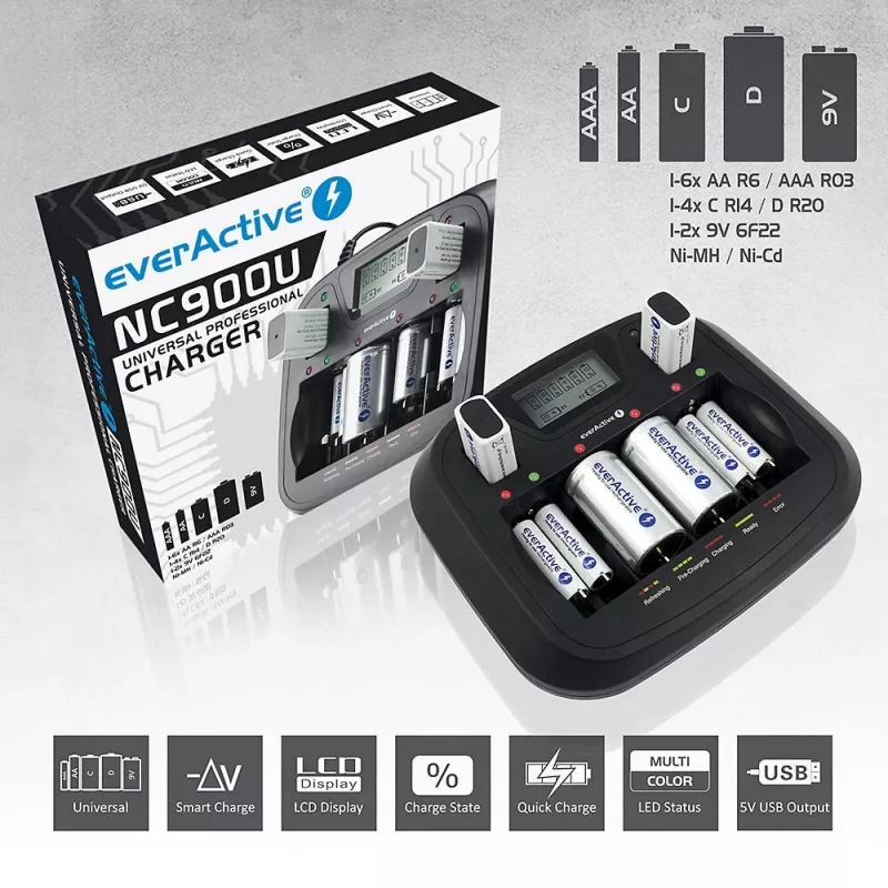 Akulaadija everActive NC-900U Universal DC — laeb AA, AAA, C, D, 9V, kuni 6 elementi, must