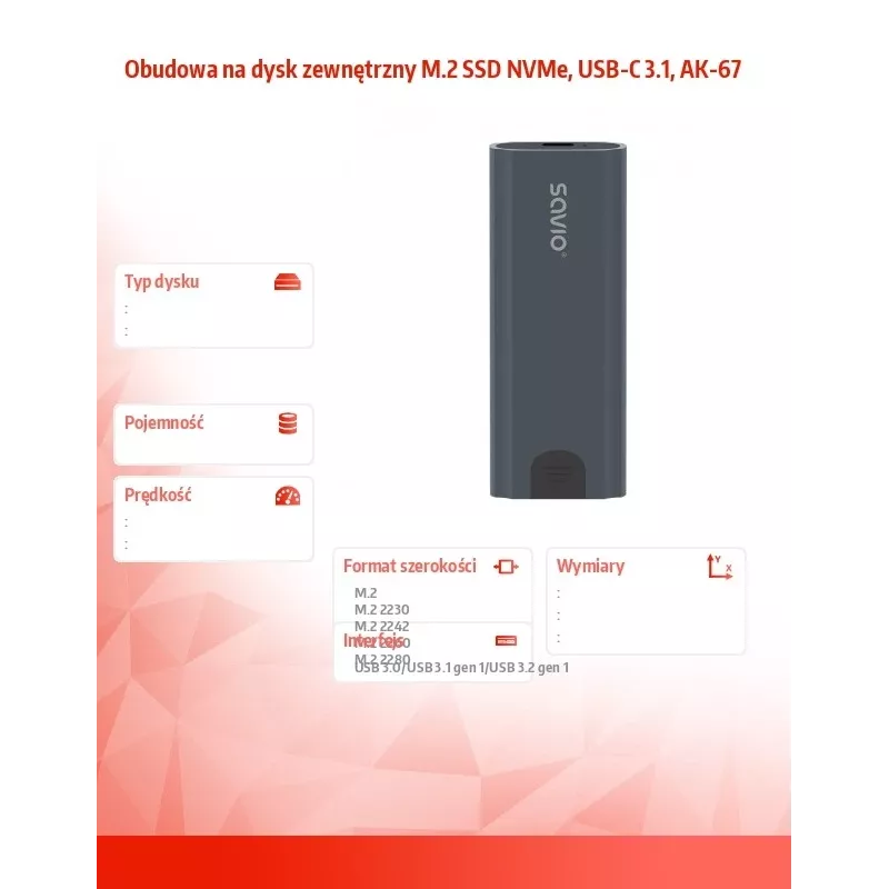 M.2 SSD korpus SAVIO AK-67 hall, USB 10 Gbit/s, ühe M.2 draivi tugi