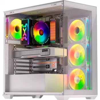 PC Case KRUX Exo RGB Valge — ATX torn, teras, 2x3,5-tollist + 2x2,5-tollist pesa, USB-C, RGB