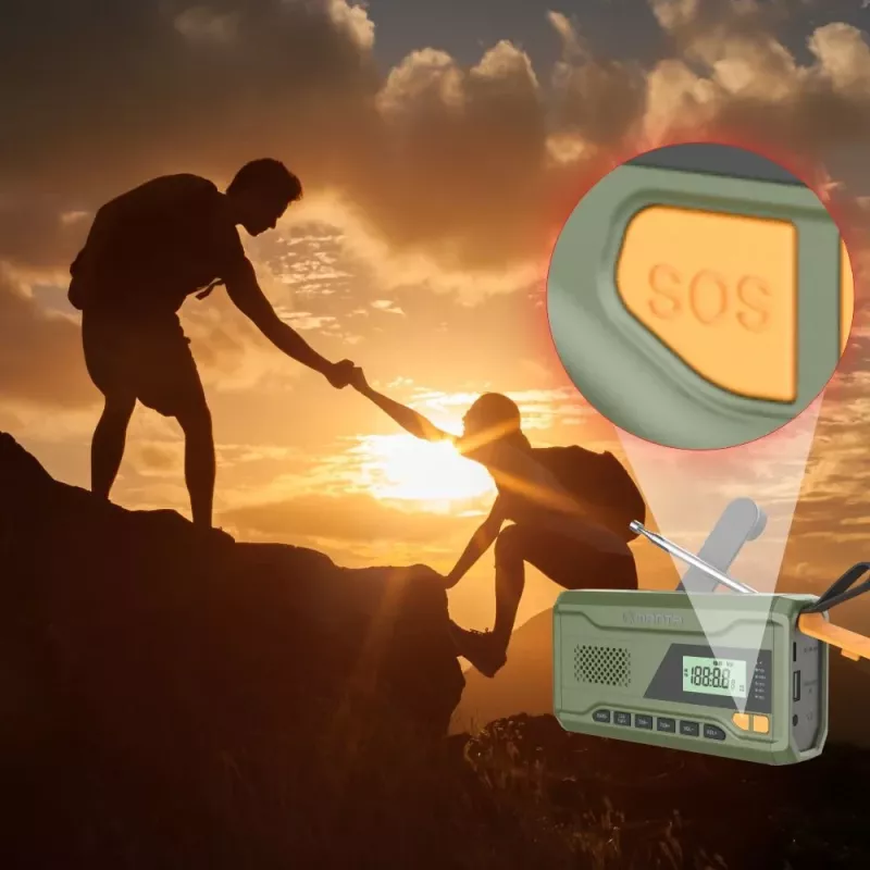Kaasaskantav FM-raadio MANTA RDI401G päikesepaneeli, dünamovända, 4000–4500 mAh aku, 5 V USB väljundi, 3 W ja taskulambiga