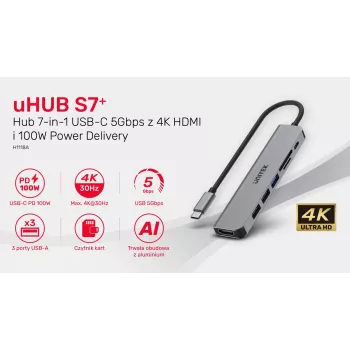 USB-C Hub Unitek 7in1 Alumiinium PD 100W 5 Gbps — multipordiadapter Power Delivery funktsiooniga