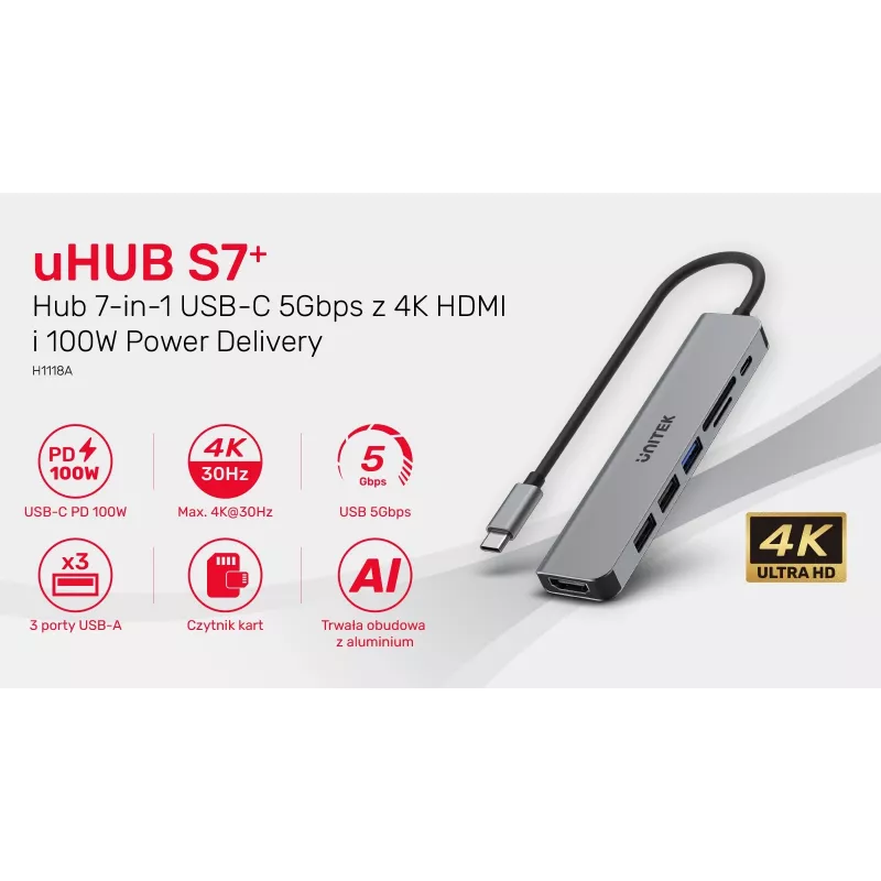 USB-C Hub Unitek 7in1 Alumiinium PD 100W 5 Gbps — multipordiadapter Power Delivery funktsiooniga