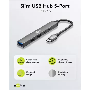 Goobay Slim 5-Port USB-Hub, USB-C™ USB-C™/USB-A, USB 3.2 (74460)