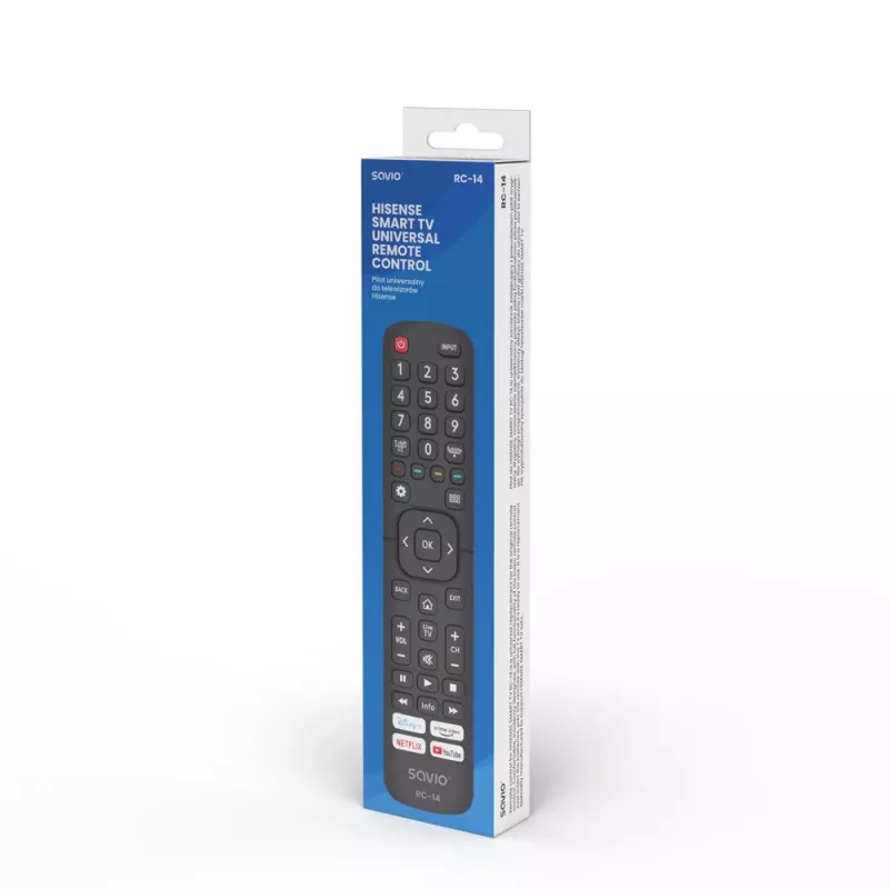 Universaalne kaugjuhtimispult SAVIO RC-14 Hisense Smart TV-le, IR-juhtmevaba, toetab 14 seadet, ulatus kuni 10 m, must